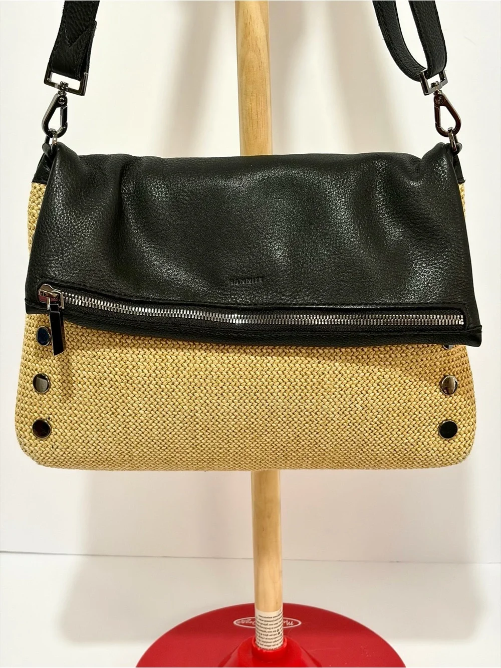 HAMMITT VIP Large Crossbody Bag In Black Leather And Chaparral Raffia/Gunmetal